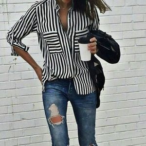 Navy and White striped button down blouse